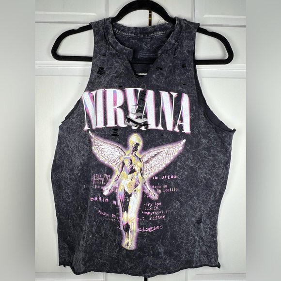 NIRVANA Distressed Cutout Black and Purple Graphic Muscle Tee Mineral Wash Sz M - Picture 2 of 5